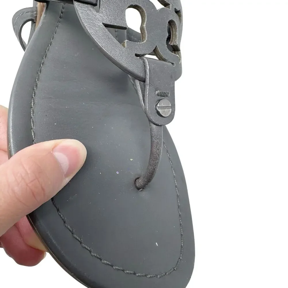 TORY BURCH Gray Grey Leather Miller Classic Designer Logo Sandals Flip Flop Sz 9